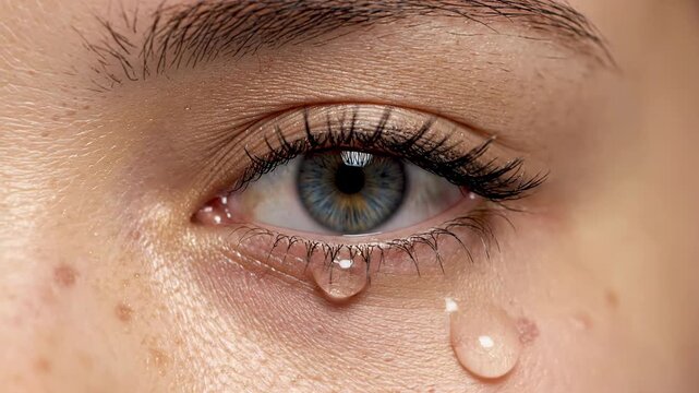 Close up shot of a woman's eye as tears well up, capturing a moment of profound emotion. A single tear rolls down her cheek, highlighting her delicate freckles. Evoking deep sadness