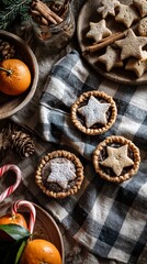 Fototapeta premium Festive winter holiday scene with star-shaped cookies, mince pies, cinnamon sticks, oranges, and candy canes on a rustic checkered cloth, evoking warm Christmas memories and cozy baking traditions.