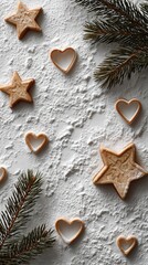 Festive holiday baking scene with star-shaped and heart-shaped cookies scattered on flour-dusted white surface, adorned with fresh pine branches