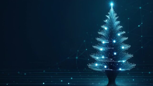 Futuristic fiber-optic christmas tree with icy blue lights and star, right aligned on dark tech background with network nodes and copy space left, concept of digital holiday celebration