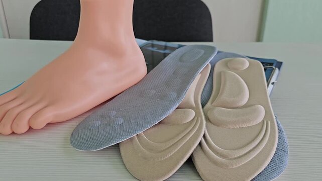 Innovative foot support options showcased on a table with a foot model and insoles for comfort and health