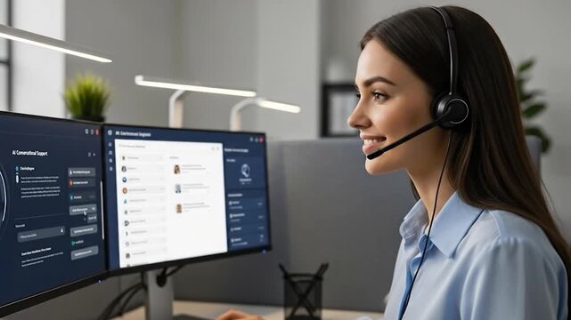 Smiling woman in headset interacting with dual computer screens in modern office setting customer service and technology concept