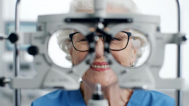 Elderly woman receiving an eye exam at the ophthalmologist's office. She is peering through a phoropter to assess her vision during the check up