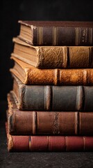 Vintage leather-bound books stacked vertically, showcasing rich textures and aged colors from deep brown to burgundy against a dark background