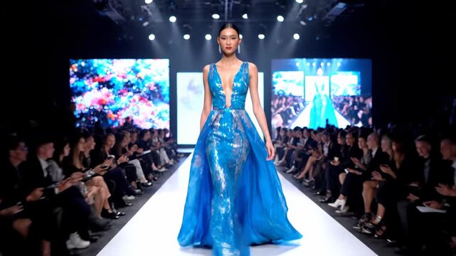 Stunning Asian model in a breathtaking blue evening gown strutting down the runway at a prestigious fashion show in front of a captivated crowd