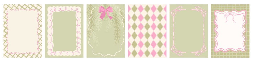 Christmas greeting card collection with charming retro hand-drawn doodles, ribbon and bow borders, striped accents, and elegant vintage typography. Perfect for holiday banners, posters, card templates