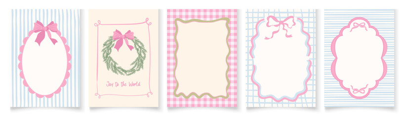 Retro Christmas card collection with charming hand-drawn doodles, ribbon and bow frames, striped accents, and classic vintage typography. Perfect for festive posters, banners, invitations