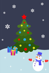 Christmas tree with gift boxes and snowman. Night new year landscape. Festive vector illustration, christmas scene for card, invitation, congratulating.