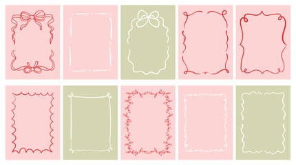 Retro pink and green holiday border featuring hand-drawn bow, ribbon, and lights. Perfect decorative frame for Christmas posters, invitations, placards, and festive vector layouts.
