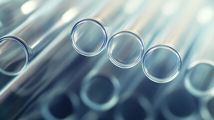 Tightly packed laboratory test tubes create an abstract geometric pattern. The glass reflects soft light, creating depth and subtle color gradients throughout the scene.