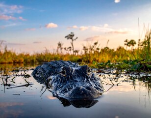 Naklejka premium Close-up of an alligator in shallow water at sunset