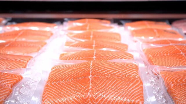 Vacuum sealed packages of fresh salmon fillets alongside raw red fish steaks, both beautifully displayed on a bed of crushed ice at a seafood market counter