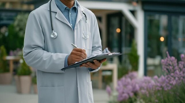 male doctor standing in hospital garden with stethoscope and clipboard soft birdsong wellness break healthcare human side three quarter wide angle cinematic color correction gent