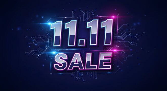 Futuristic “11.11 SALE” text pulses with electric blue and pink neon against a dark digital backdrop. Circuit patterns and glowing particles amplify the high-tech vibe.