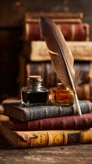 Vintage writing composition with antique books, ink bottles, and a delicate quill pen showcasing the timeless art of literary craftsmanship and historical writing tools