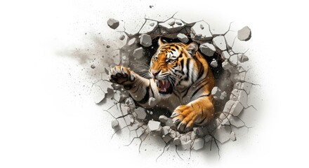 tiger busting or breaking through a wall on a solid white background, animal photo © AC's Inspired Images
