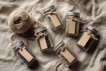Reusable glass jars with kraft paper labels and natural twine, dried herbs in muted tones, top view