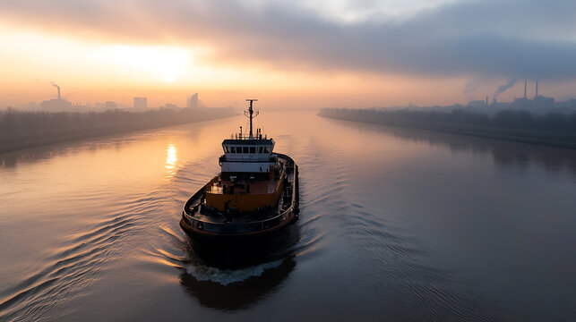Tugboat navigates a serene river at dawn. The water mirrors the golden sunrise, with distant buildings obscured by mist, evoking tranquility on the waterways.