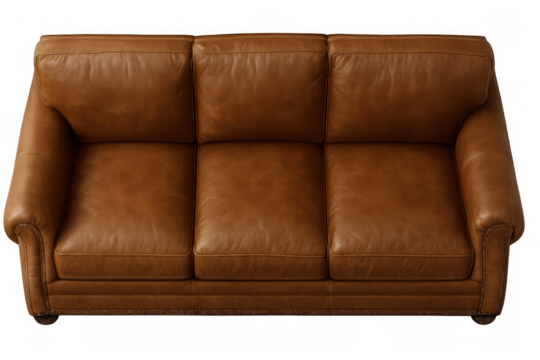 Brown leather classic sofa isolated, comfortable three-seater couch, top view furniture for living space