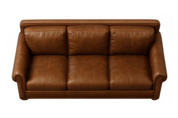 Brown leather sofa, three seats, classic design, top view, comfortable furniture for modern living room interior