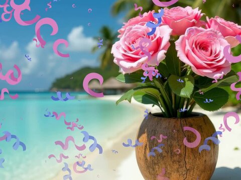 Tourist video bouquet of pink rose flowers, leaves 
in vase from broken coconut on sandy beach of ocean shore
in Maldives. Animation with palm trees, azure ocean,
thatched bungalow hotel.
