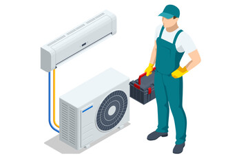Isometric technician with HVAC system. Concept of air conditioning installation, heating, and cooling maintenance service.