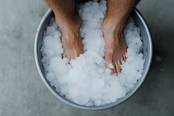 Fototapeta premium Feet immersed in ice bucket, relief from swelling, soothing cold therapy for tired, overworked muscles, promoting recovery and revitalization, icy wellness.