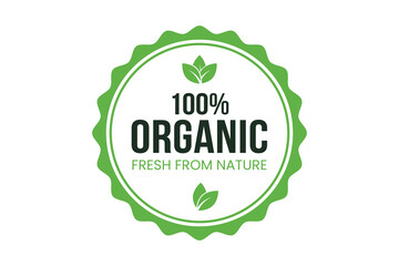 Round green badge with 100 percent organic text and leaf symbols representing natural and healthy products
