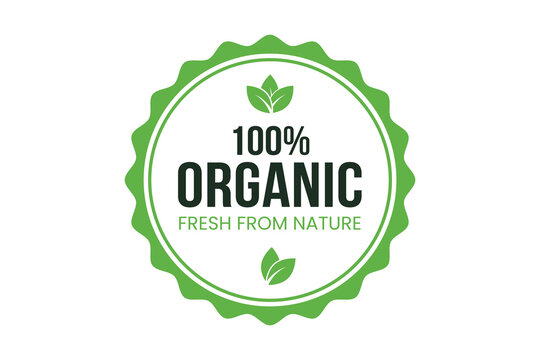 Round green badge with 100 percent organic text and leaf symbols representing natural and healthy products