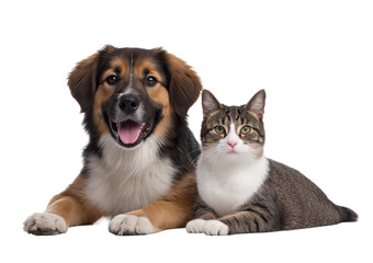 Fototapeta premium Happy dog and cat sitting together isolated on a transparent background