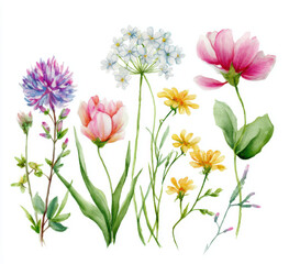 Naklejka premium Watercolor botanical print showcasing airy blossoms and natural leaves. The soft pastel palette creates a feminine, organic feel perfect for modern decorative design.