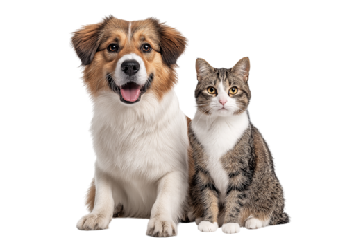 Happy dog and cat sitting together isolated on a transparent background 1
