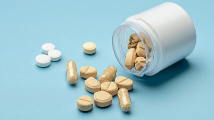 White and beige pills scattered on a light blue surface next to an overturned white bottle.