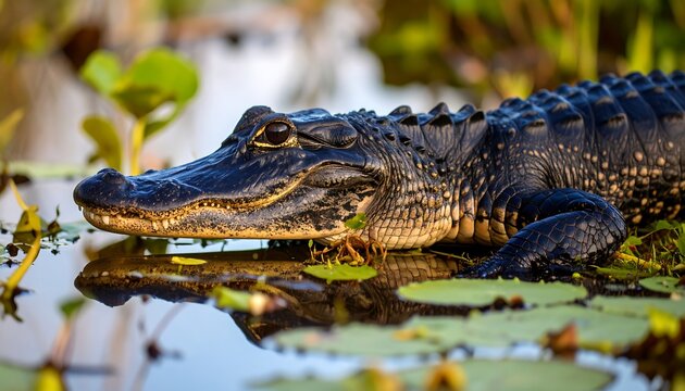 Close-up of an alligator in a swamp