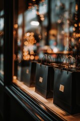 Minimalist glass storefront window displaying shopping bags, reflections, and city lights