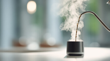 Freshly brewed coffee pouring into a stylish black cup with steam rising. Aromatic coffee is being poured from a gooseneck kettle into a modern cup, creating a relaxing scene