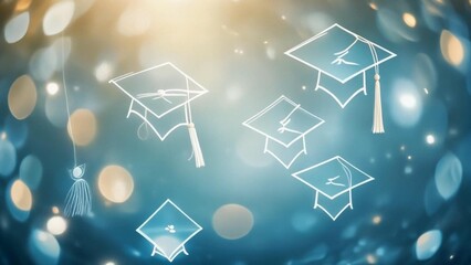 Elegant line art illustration of multiple graduation caps floating on a dreamy blue background with glowing bokeh lights, symbolizing academic success
