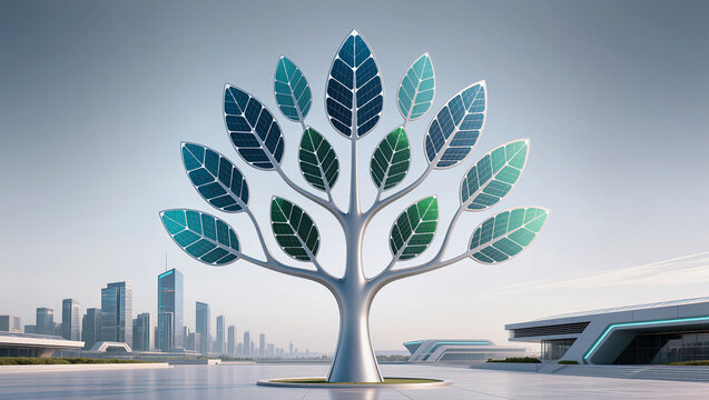 Innovative solar tree stands tall against a futuristic city skyline