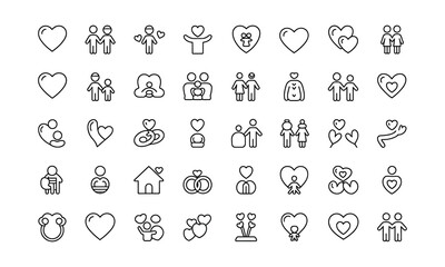 A collection of simple hand drawn outline icons representing love family relationships health and community with heart shapes and people figures