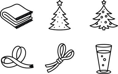 Vector collection of Christmas trees, ribbons, bows, folded blanket and festive glass drink in simple decorative line art style