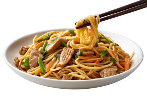 Chopsticks lifting noodles from a white bowl isolated on a transparent background