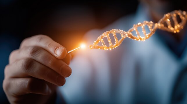 Abstract luminous DNA molecule faceless hand of doctor touching and cut DNA for checking with analysis chromosome DNA genetic of human on virtual interface medicine medical