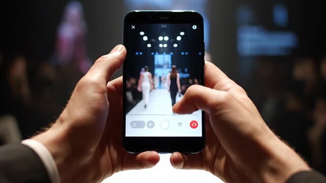 The scene captures a man capturing models strutting down the runway with his phone. A spectator capturing the essence of a high end fashion show