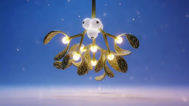 Modern geometric mistletoe with glowing lights and falling snow particles festive holiday