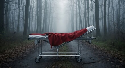 Gurney with Red Blanket in Dark Foggy Woods