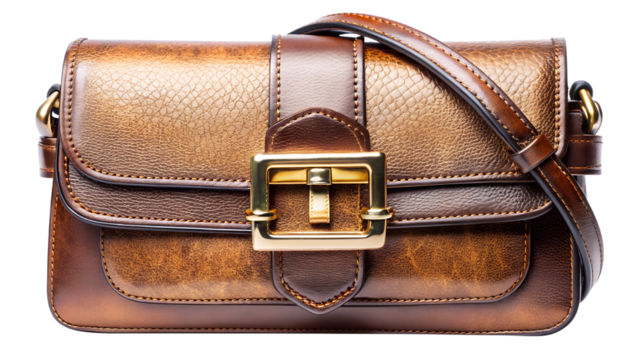Stylish brown leather shoulder bag with a gold buckle and a shiny surface isolated on transparent background