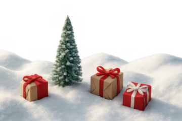 Christmas gifts under snow and festive tree, celebrating winter holiday season on transparent background