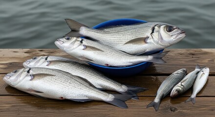 Fresh Fish on Wooden Dock with Water Background