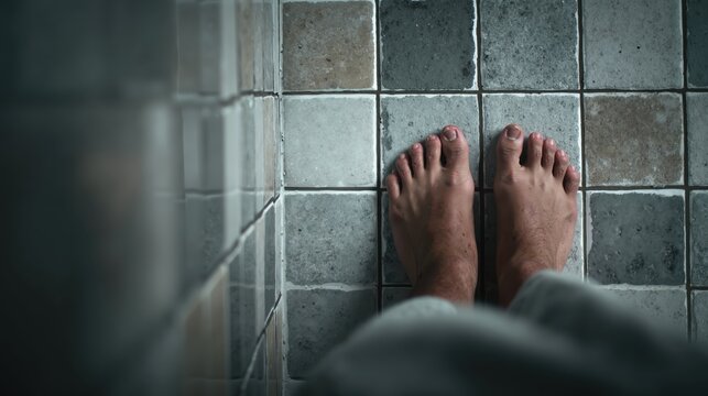 Bare feet on ceramic tiled bathroom floor with symmetrical pattern and neutral tones