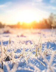 Fototapeta premium Snowy field at sunset, frost on grass